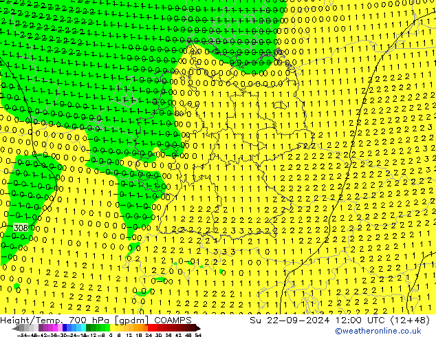 Height/Temp. 700 hPa COAMPS Dom 22.09.2024 12 UTC