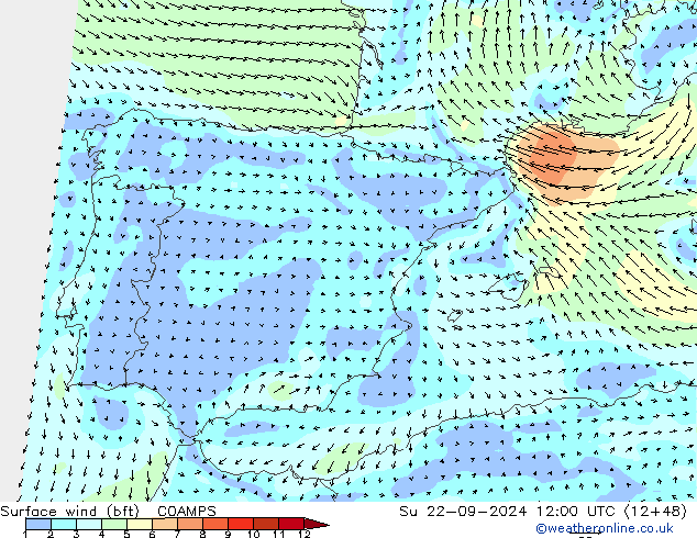 Viento 10 m (bft) COAMPS dom 22.09.2024 12 UTC