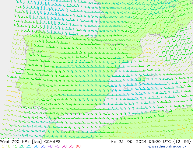 Wind 700 hPa COAMPS Mo 23.09.2024 06 UTC