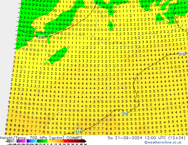 Height/Temp. 700 hPa COAMPS Sa 21.09.2024 12 UTC