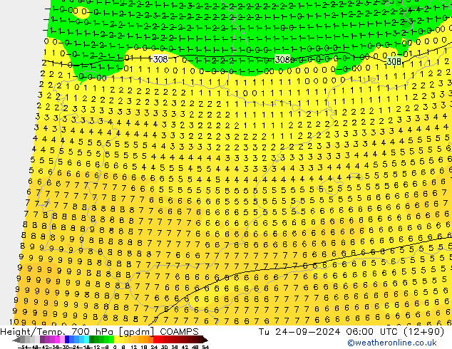 Height/Temp. 700 hPa COAMPS Tu 24.09.2024 06 UTC