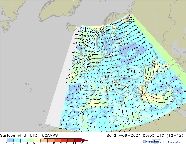 Surface wind (bft) COAMPS Sa 21.09.2024 00 UTC