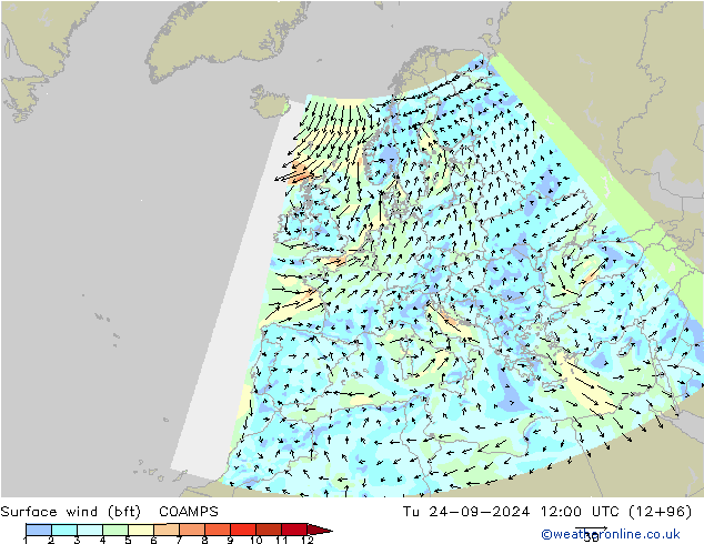 Bodenwind (bft) COAMPS Di 24.09.2024 12 UTC