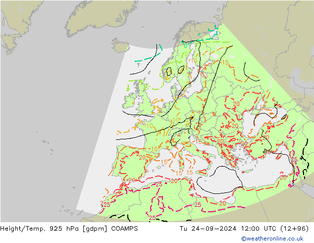 Height/Temp. 925 hPa COAMPS 星期二 24.09.2024 12 UTC