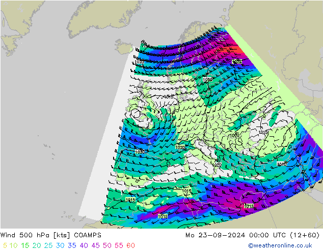 Vento 500 hPa COAMPS lun 23.09.2024 00 UTC