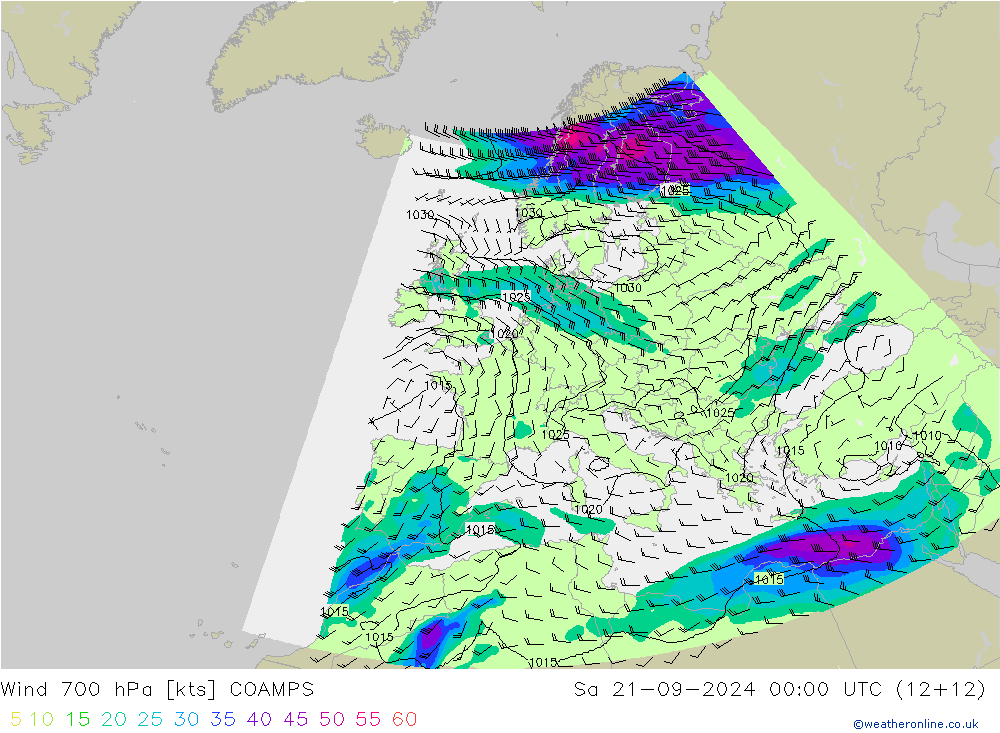 风 700 hPa COAMPS 星期六 21.09.2024 00 UTC