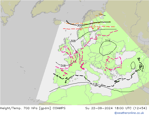 Hoogte/Temp. 700 hPa COAMPS zo 22.09.2024 18 UTC