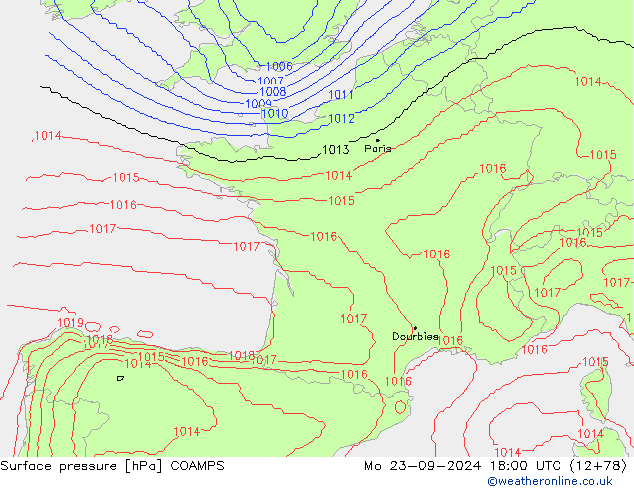 Surface pressure COAMPS Mo 23.09.2024 18 UTC