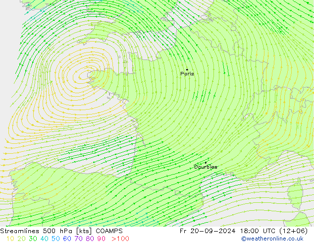 Ligne de courant 500 hPa COAMPS ven 20.09.2024 18 UTC