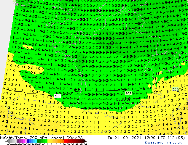 Height/Temp. 700 hPa COAMPS wto. 24.09.2024 12 UTC