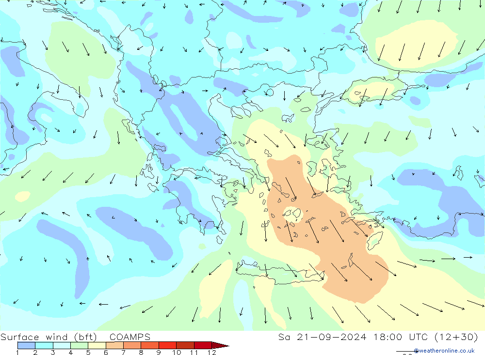 Rüzgar 10 m (bft) COAMPS Cts 21.09.2024 18 UTC