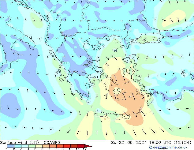 Vent 10 m (bft) COAMPS dim 22.09.2024 18 UTC