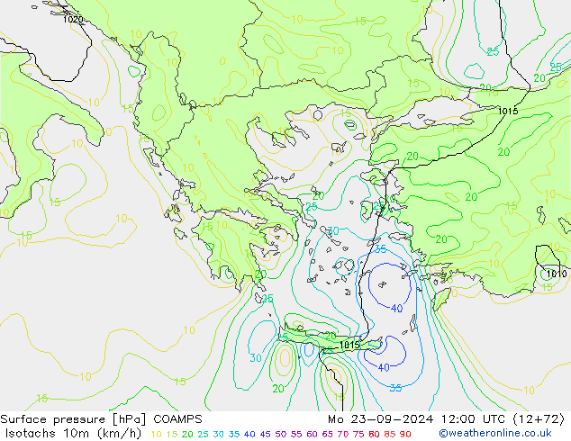 Isotachs (kph) COAMPS Mo 23.09.2024 12 UTC