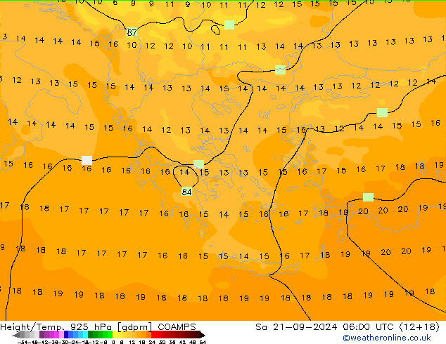 Géop./Temp. 925 hPa COAMPS sam 21.09.2024 06 UTC