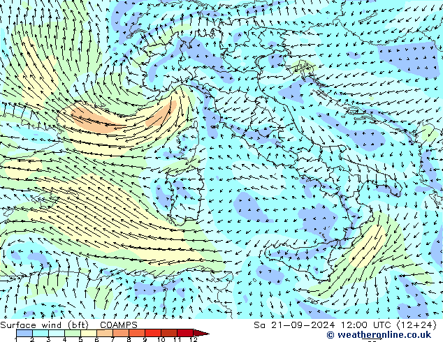 Surface wind (bft) COAMPS Sa 21.09.2024 12 UTC