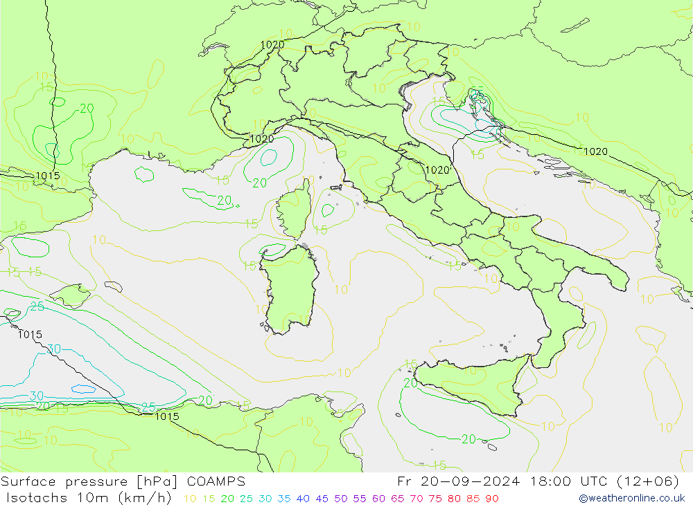 Isotachs (kph) COAMPS ven 20.09.2024 18 UTC