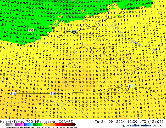 Yükseklik/Sıc. 700 hPa COAMPS Sa 24.09.2024 12 UTC