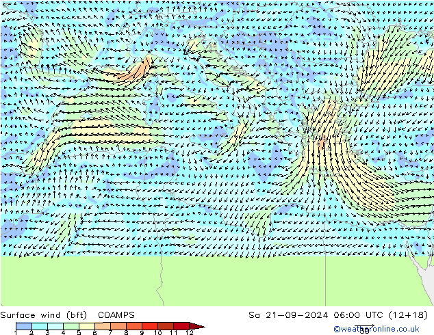 Surface wind (bft) COAMPS Sa 21.09.2024 06 UTC