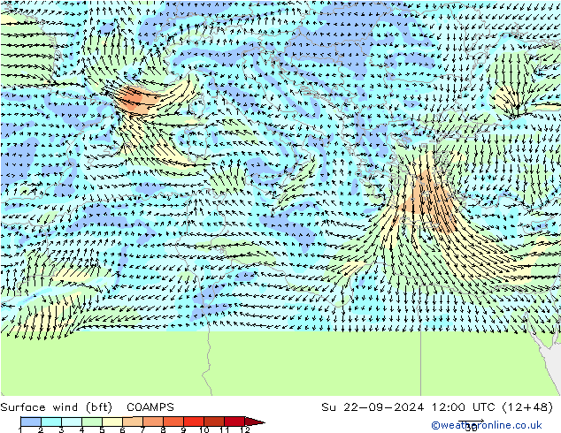 Wind 10 m (bft) COAMPS zo 22.09.2024 12 UTC