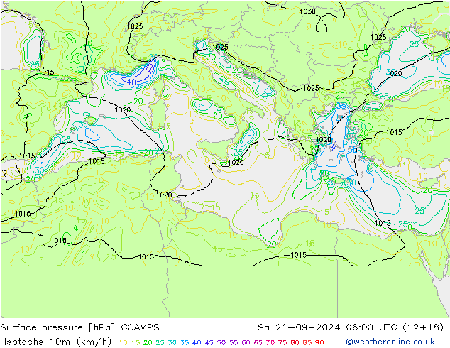 Isotachs (kph) COAMPS сб 21.09.2024 06 UTC