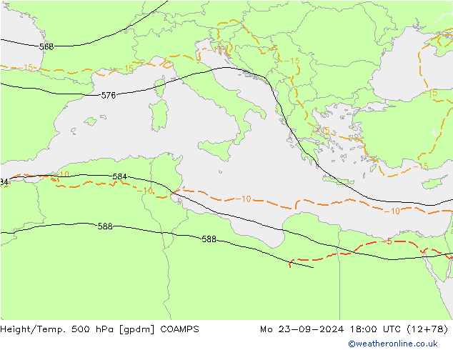 Height/Temp. 500 hPa COAMPS Mo 23.09.2024 18 UTC