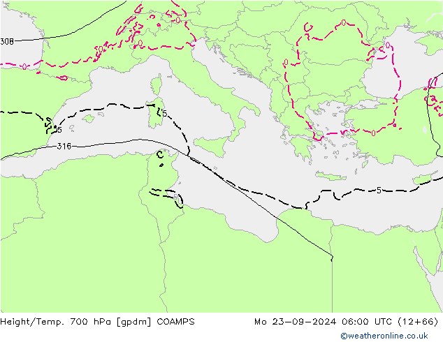 Yükseklik/Sıc. 700 hPa COAMPS Pzt 23.09.2024 06 UTC