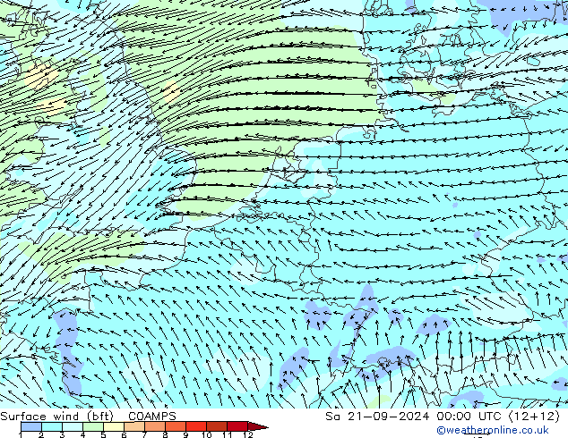 Viento 10 m (bft) COAMPS sáb 21.09.2024 00 UTC