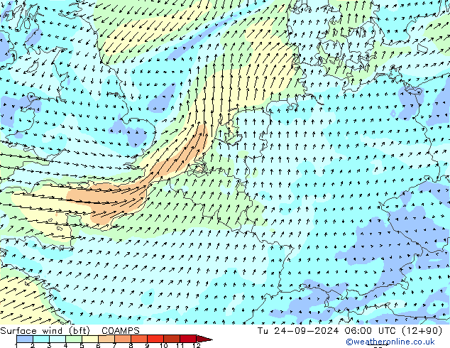 Wind 10 m (bft) COAMPS di 24.09.2024 06 UTC