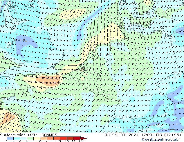 Bodenwind (bft) COAMPS Di 24.09.2024 12 UTC