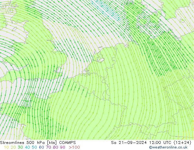 Linea di flusso 500 hPa COAMPS sab 21.09.2024 12 UTC