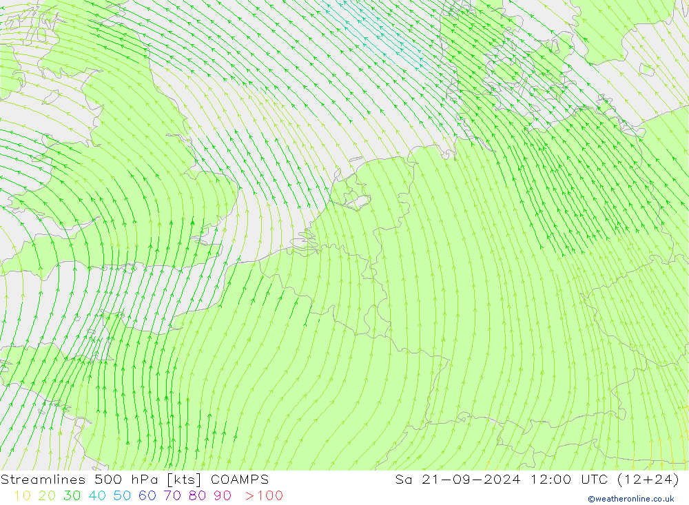 Linea di flusso 500 hPa COAMPS sab 21.09.2024 12 UTC