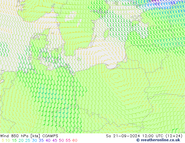 wiatr 850 hPa COAMPS so. 21.09.2024 12 UTC