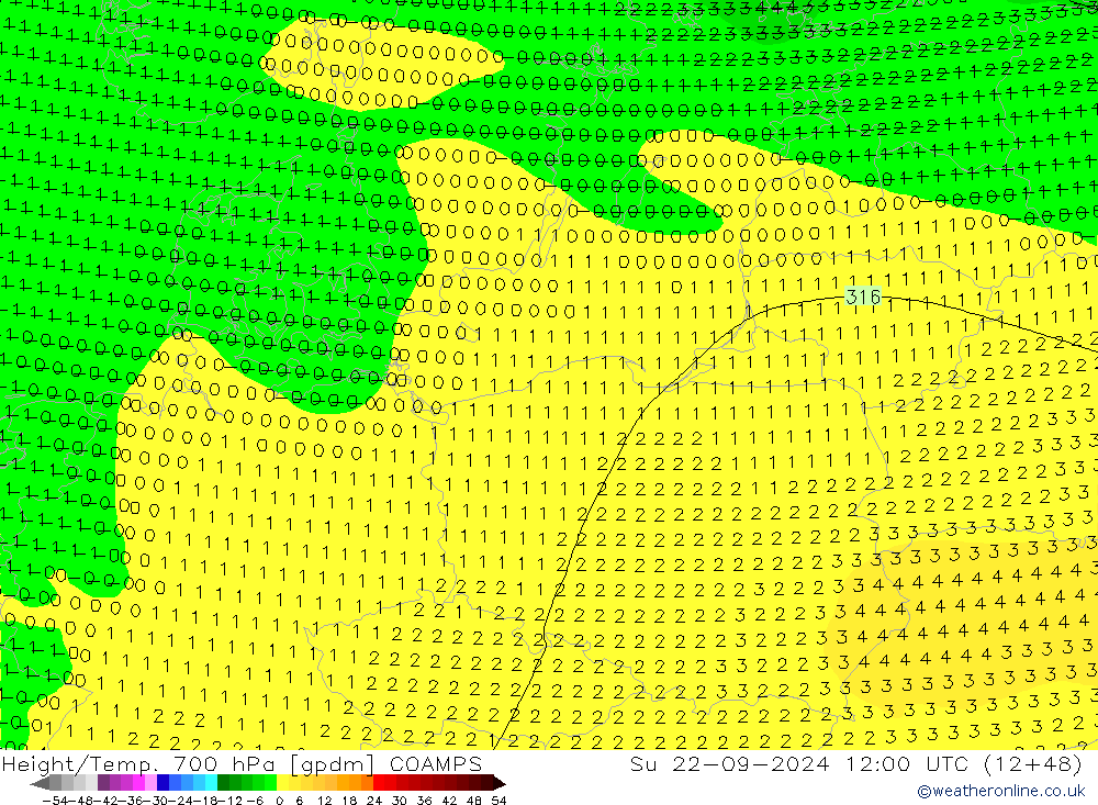 Height/Temp. 700 hPa COAMPS Ne 22.09.2024 12 UTC