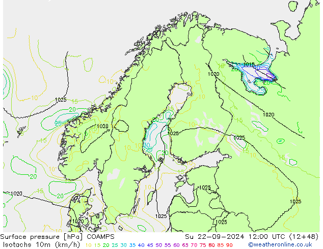 Isotachen (km/h) COAMPS So 22.09.2024 12 UTC