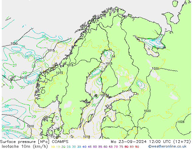 Isotachen (km/h) COAMPS Mo 23.09.2024 12 UTC