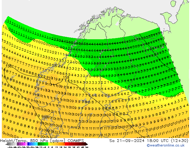 Géop./Temp. 850 hPa COAMPS sam 21.09.2024 18 UTC