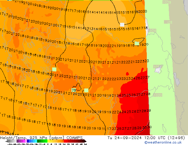 Height/Temp. 925 hPa COAMPS mar 24.09.2024 12 UTC