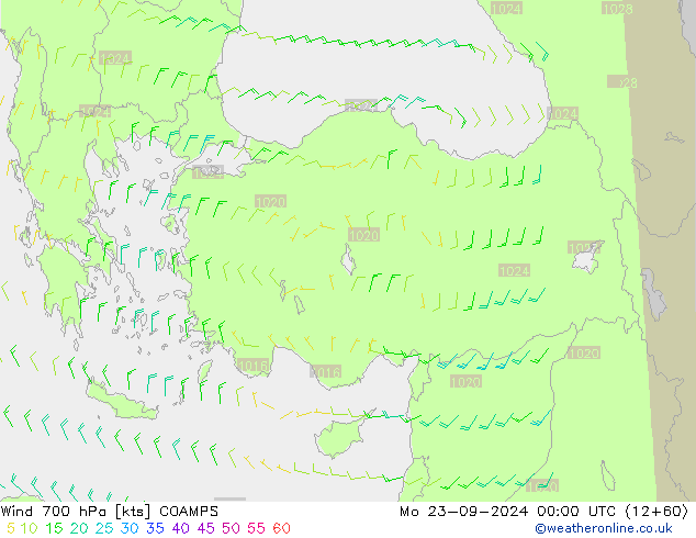 Wind 700 hPa COAMPS Mo 23.09.2024 00 UTC