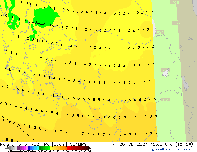 Hoogte/Temp. 700 hPa COAMPS vr 20.09.2024 18 UTC