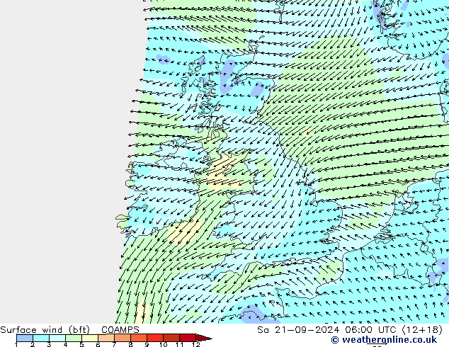 Surface wind (bft) COAMPS Sa 21.09.2024 06 UTC