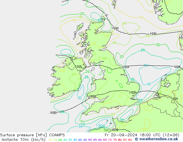 Isotachs (kph) COAMPS Pá 20.09.2024 18 UTC