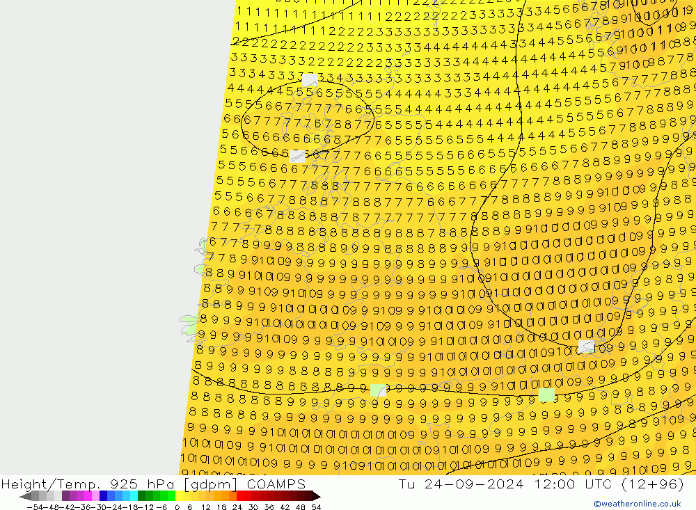 Height/Temp. 925 hPa COAMPS Di 24.09.2024 12 UTC