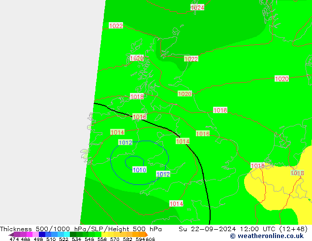 Dikte 500-1000hPa COAMPS zo 22.09.2024 12 UTC