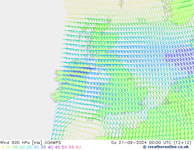 Viento 500 hPa COAMPS sáb 21.09.2024 00 UTC