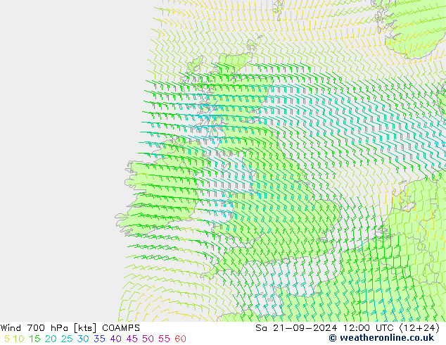 wiatr 700 hPa COAMPS so. 21.09.2024 12 UTC