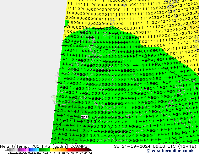 Height/Temp. 700 hPa COAMPS Sa 21.09.2024 06 UTC