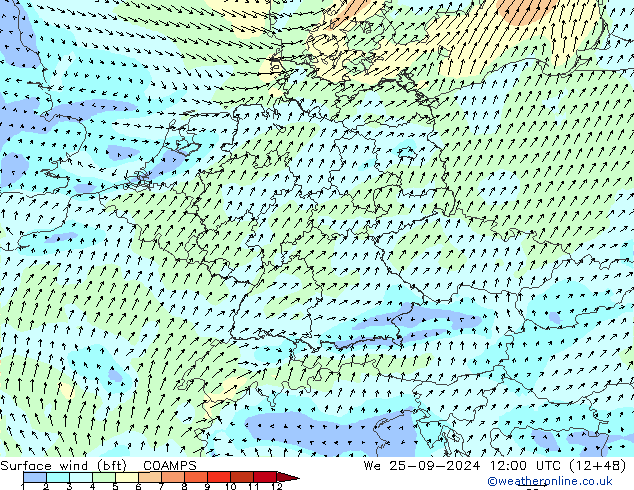 Viento 10 m (bft) COAMPS mié 25.09.2024 12 UTC