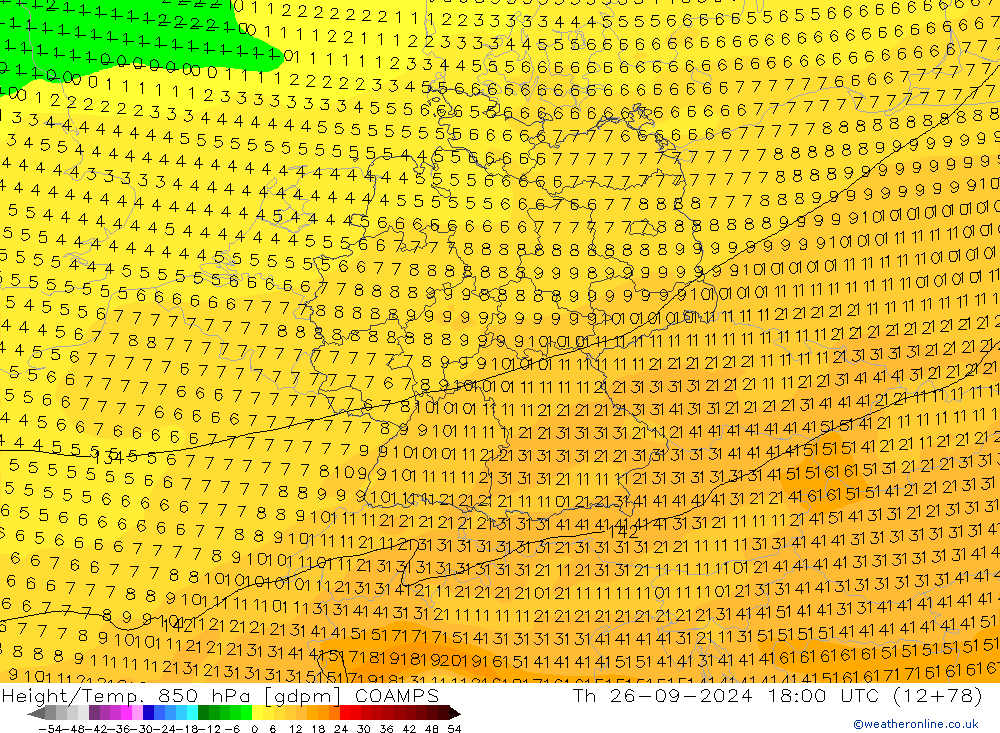 Yükseklik/Sıc. 850 hPa COAMPS Per 26.09.2024 18 UTC