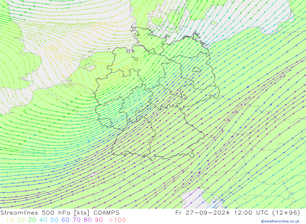 Streamlines 500 hPa COAMPS Fr 27.09.2024 12 UTC