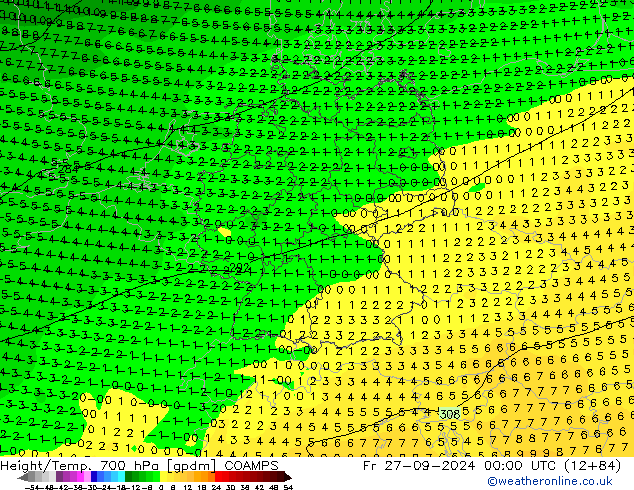 Geop./Temp. 700 hPa COAMPS vie 27.09.2024 00 UTC